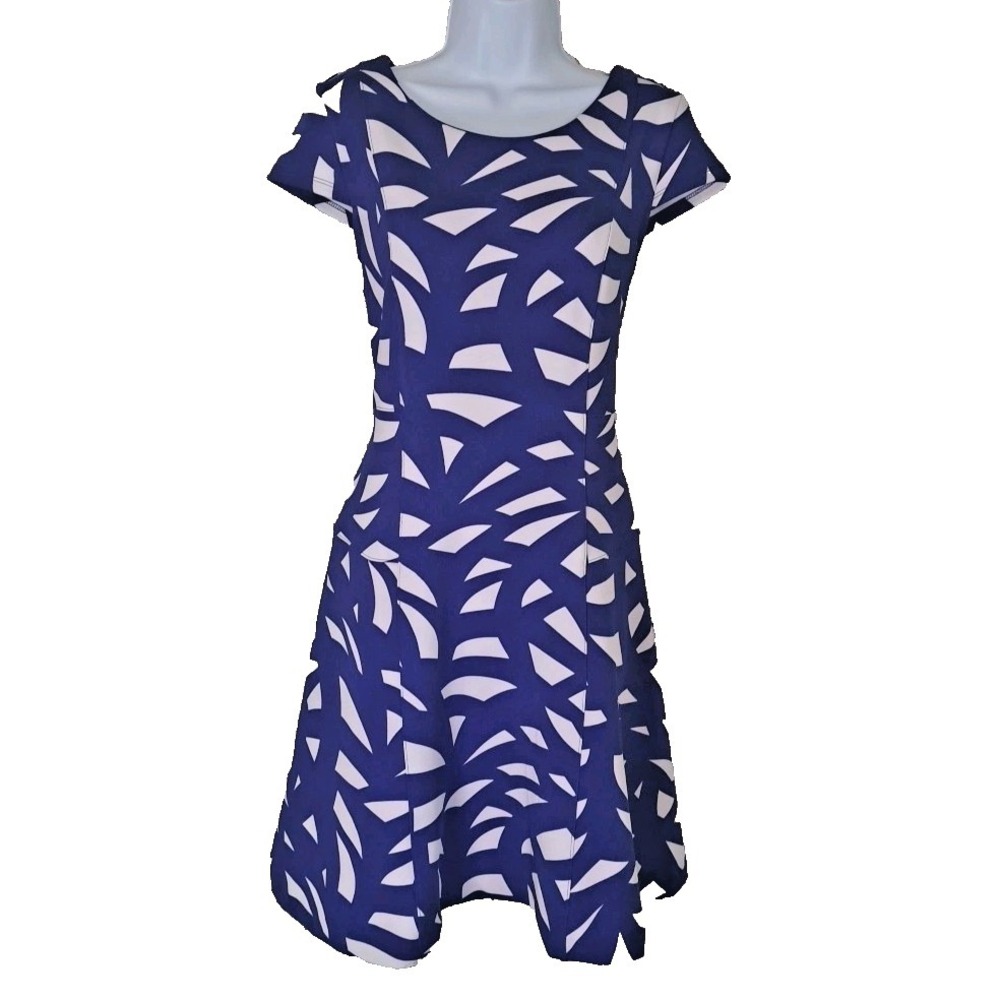 Worthington Fit n Flare Dress 8 Blue White Cap Sleeve Back Zip Scuba Spandex